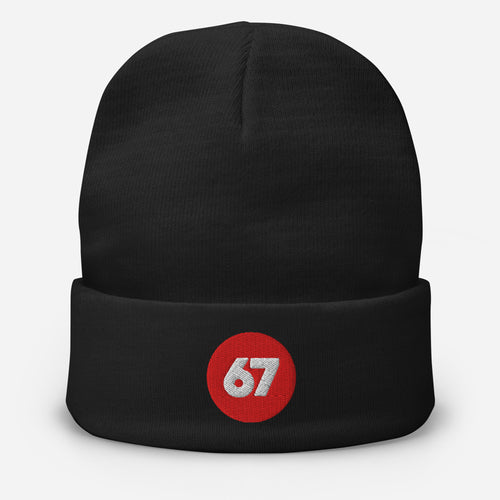 Black beanie with a red circle featuring the number 67 on a white background