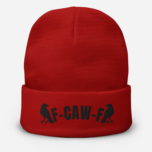 Red beanie with black text and Crow graphics on a white background