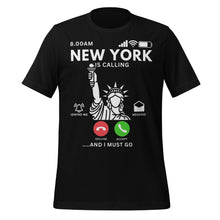 Load image into Gallery viewer, Black t-shirt with New York Is Calling Statue of Liberty Funny Travel T-Shirt