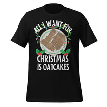 Load image into Gallery viewer, Christmas oatcakes shirt  Black t-shirt with Christmas-themed graphic 