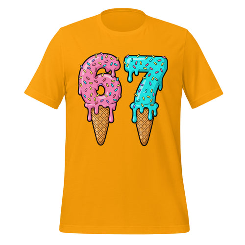 Yellow t-shirt with ice cream cone design featuring numbers 6 and 7 on a white background