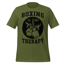 Load image into Gallery viewer, Green t-shirt with &#39;Boxing is my Therapy&#39; graphic on a white background