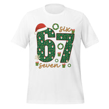 Load image into Gallery viewer, White Six Seven t-shirt with festive design featuring numbers and Christmas elements on a white background